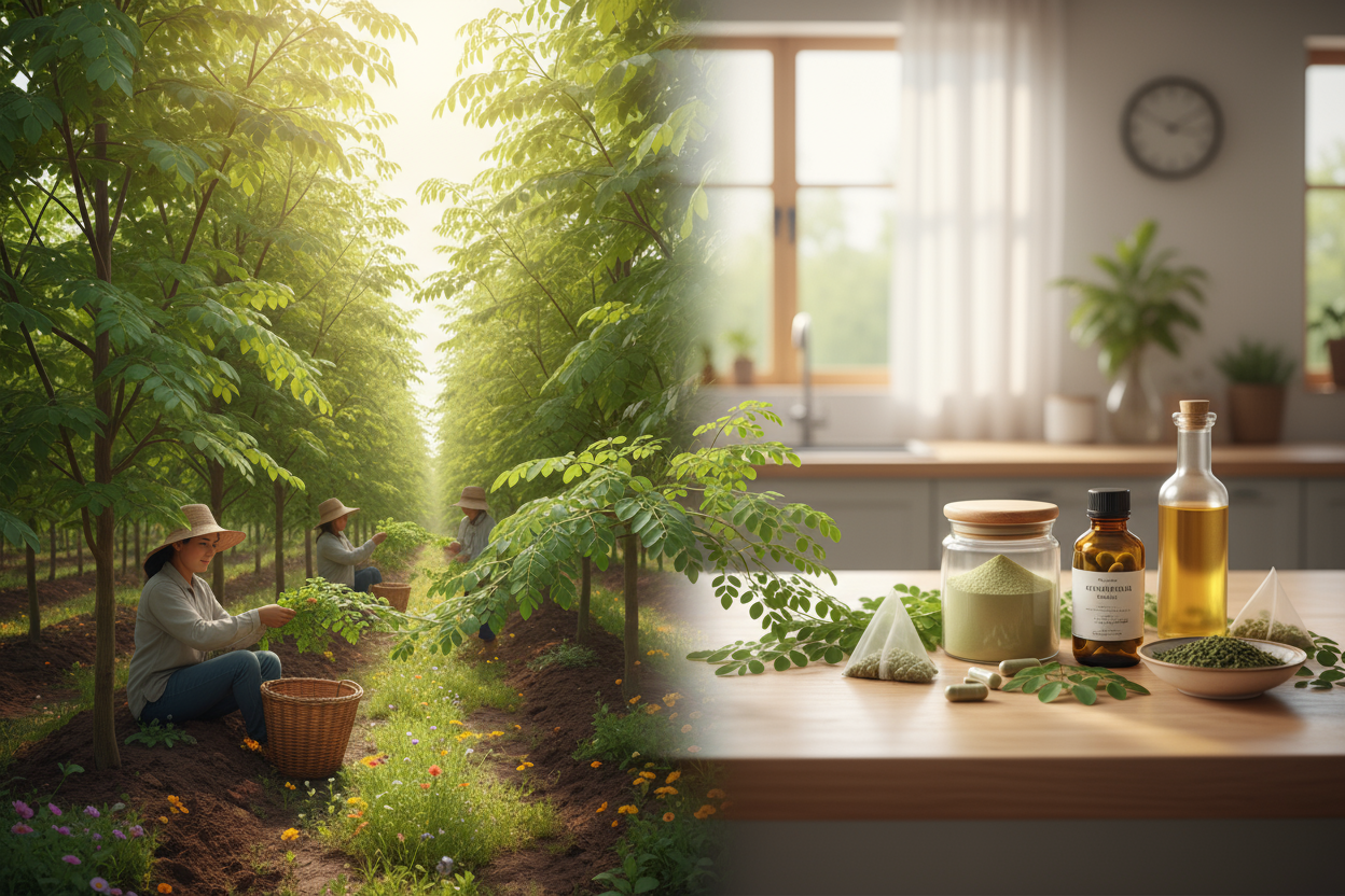 theme- Moringa products
Image- Bringing product directly from organic farm to your home via our moringa products.
Products showing moringa powder, capsules, oil, tea 